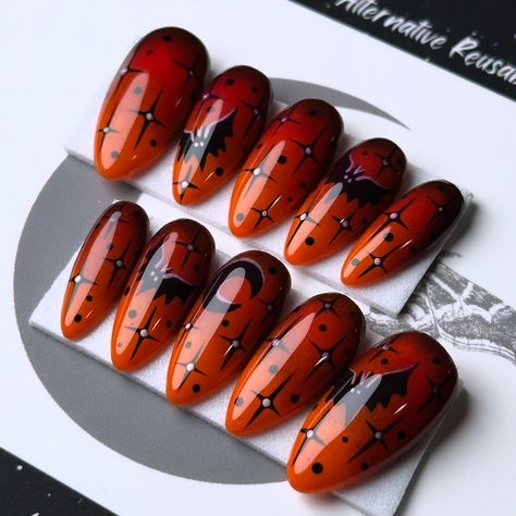 Nailing it with those burnt orange vibes! 🦇✨Bats, stars, and a touch of spooky in the eclipse! Haunted Eclipse, on Après Medium Almond 💅🏻 ⁣ .⁣ .⁣ .⁣ .⁣ .⁣ #spookynails #halloweennailart #spookynails👻🎃 #halloweennailsdesign #batsnails #gothnailsofinstagram #batnails🦇💅 #nailartist #halloweenmanicure #lovebats #handpainted #halloweennails #batnails #pressonnailset #halloweenfun #custompressonnails #orangenails #gothicnails #halloweenlover #happyhalloween #spookyseason #gothnailart #blackandoran... Black Purple Ombre, Nails Goth, Bat Nails, Witchy Nails, Halloween Press On Nails, Medium Almond, Alternative Style, Press Ons, Purple Ombre