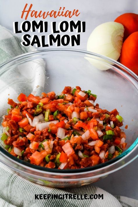 Lomi lomi salmon is a popular side dish in Hawai’i. Cubed up salted  salmon, green onion, sweet onion, and tomatoes tossed together for this  must have Hawaiian dish. Lomi Salmon Recipe, Lomi Lomi Salmon Recipe, Lomi Lomi Salmon, Lomi Salmon, Salted Salmon, Side Dishes For Salmon, Lomi Lomi, Asian Dinner, Hawaiian Recipes