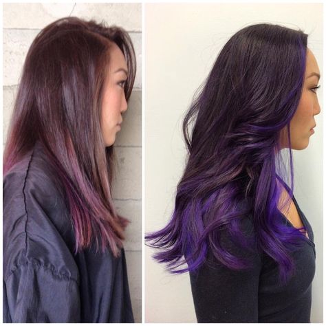 Brown to purple ombré Brown To Purple Ombre, Hair Framing, Purple Brown Hair, Encino California, Violet Hair Colors, Ombre Hairstyles, Purple Balayage, Underlights Hair, Purple Ombre Hair