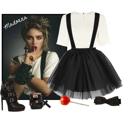 A fashion look from August 2014 featuring special occasion dresses, white top and black booties. Browse and shop related looks. Costume Année 80, Madonna 80s Fashion, Madonna Outfits, 80s Theme Party Outfits, 80s Dress Up, Madonna Costume, 80s Party Costumes, 80s Fashion Party, 80s Fancy Dress