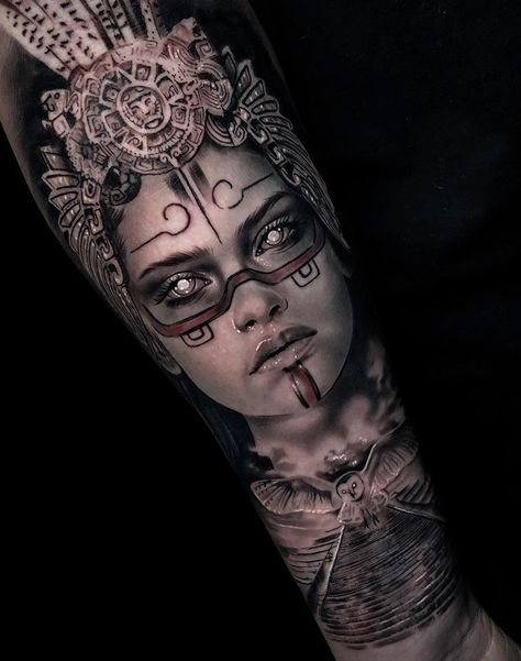 Aztec warrior girl by Jay Sampaguita, an artist at Raise Tattoo in Paris, France. Aztec Warrior Tattoo, Aztec Tattoos Sleeve, Warrior Tattoo Sleeve, Female Warrior Tattoo, Art Chicano, Mayan Tattoos, Aztec Tattoos, Aztec Tattoo Designs, Girl Arm Tattoos