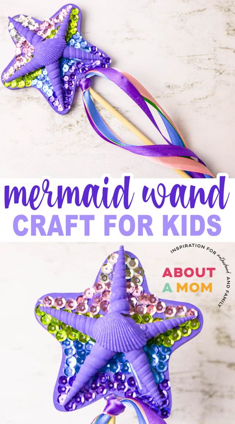 Mermaid DIY Wand Craft for Kids - About a Mom Wand Craft For Kids, Mermaid Diy Crafts, Little Mermaid Crafts, Mermaid Wand, Mermaid Costume Kids, Wand Craft, Diy Mermaid Tail, Mermaid Costume Diy, Diy Mermaid