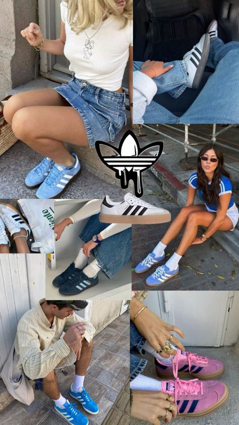 collage of men and women wearing adidas shoes in different colors with stylish outfits Shoe Collage, Sambas Pink, Outfit With Adidas, Blue Sambas, Pink Sambas, Adidas Shoes White, Colorful Adidas, Adidas Spezials, Going Out Shoes