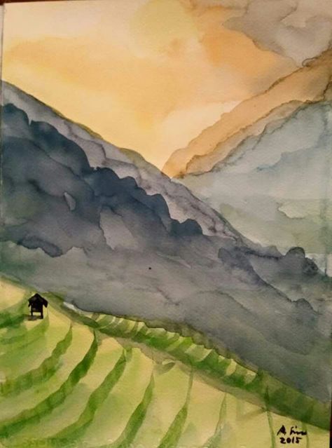 Rice field terrace in Vietnam , watercolor by Noot Rice Terraces Drawing Easy, Rice Terraces Painting, Rice Terraces Drawing, Rice Field Drawing, Rice Field Painting, Philippines Landscape, Banaue Rice Terraces, Landscape Drawing Easy, Balinese Art