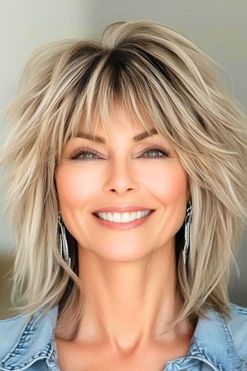 Save this pin for the best hairstyles for women over 50. This piecey shag is all about that tousled, piecey texture. The layers are cut to perfection with plentiful movement and body. Blonde Medium Shag Hairstyles, Hairstyles For Layered Hair With Bangs, Hairstyles For Medium Length Hair With Layers Easy, Med Hair Styles With Bangs, Edgy Hair Over 50, Cropped Shag Haircut, Hairstyles To Hide Neck Hump, Over 50 Hairstyles With Bangs, Edgy Haircuts For Medium Hair