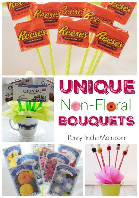 Skip the flowers this year and MAKE your own non-floral bouquet! We've got FIVE awesome ideas for you -- including candy, nail polish and more! Perfect for Teacher Appreciation Week or even Mother's Day! Flower Bouquet Gift Ideas, Bouquet Gift Ideas, Non Flower Bouquets, Flower Bouquet Gift, Candy Bouquet Diy, Unique Teachers Gift, I Love Flowers, Giving Flowers, Grandparents Day Gifts