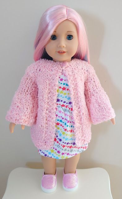 Free Pattern - Bell Sleeve Doll Jacket Crochet Doll Cardigan Free Pattern, Crochet Patterns Jacket, Dolls Cardigan Free Pattern, Crochet Doll Jacket, Crochet Dolls Cardigan Pattern, Free Dolls Clothes Knitting Patterns English, Crochet Jacket For Doll, Crochet American Girl Doll Clothes Free, American Girl Crochet