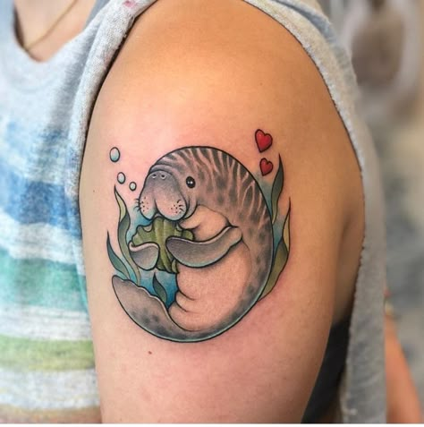 Traditional Manatee Tattoo, Dugong Tattoo, Manatee Photography, Pufferfish Tattoo, Sea Otter Tattoo, Manatee Tattoo, West Tattoo, Narwhal Tattoo, Tropical Flower Tattoos