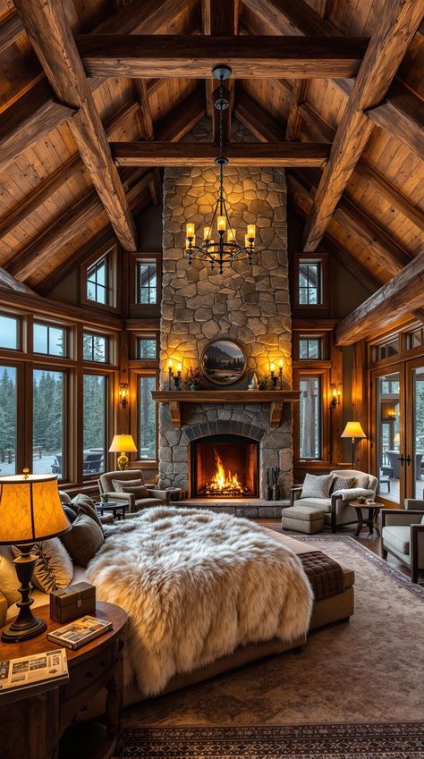 Rustic Bedroom Woodsy Master Bed, Cabin Walk In Closet, Cozy Lodge Living Room, Mountain Home Interiors Cozy Cabin, Mountain Chalet Interior, Dream Bedroom Cozy, Mountain Homes Interiors, Cozy Rustic Bedroom, Lodge Living Room