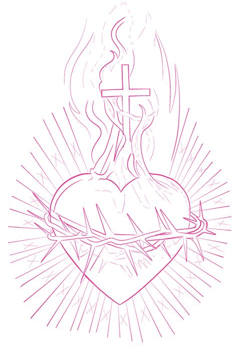 Line Art Tattoo Stencil, Sacred Heart Tattoo Stencil, Heart Tattoo Stencil, Sacred Heart Tattoo Design, Realism Practice, Neck Tats, Arm Tattoos Lettering, Sacred Heart Tattoo, Sacred Heart Tattoos