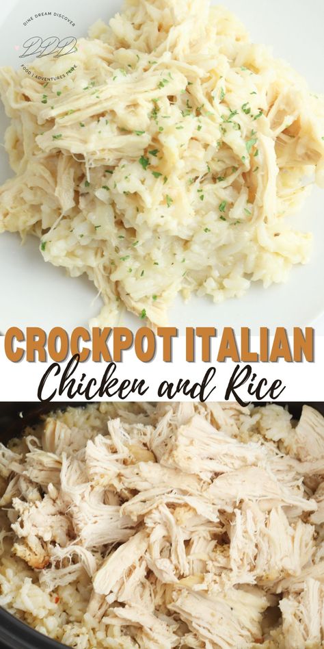 Slow Cooker Italian Chicken and Rice | DINE DREAM DISCOVER Slow Cooker Creamy Chicken And Rice Soup, Gluten Free Chicken And Rice Crockpot, Chicken Rice Slow Cooker Recipes, Chicken And Rice Slow Cooker Recipes, Creamy Chicken Rice Casserole, Italian Chicken And Rice, Slow Cooker Chicken And Rice, Gf Soup, Crockpot Chicken And Rice