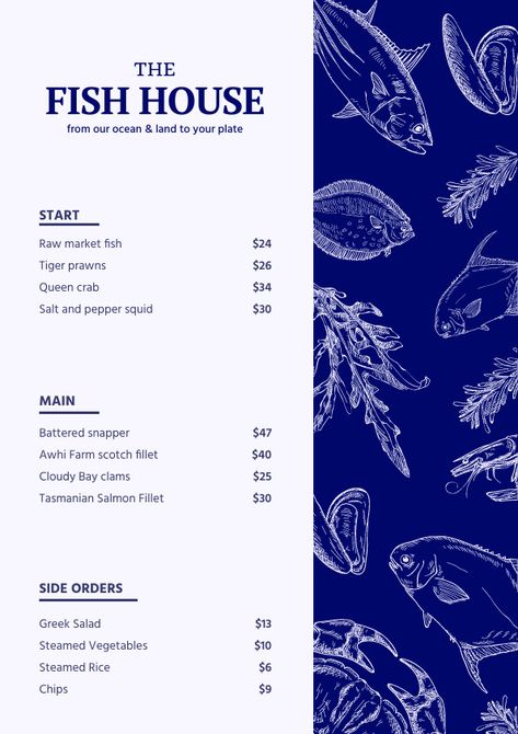 Fish Menu Design, Poster Design Restaurant, Restaurant Poster Design, Fish Food Photography, Menu Design Layout, Sushi Logo, Menu Art, Seafood Shop, Restaurant Ad