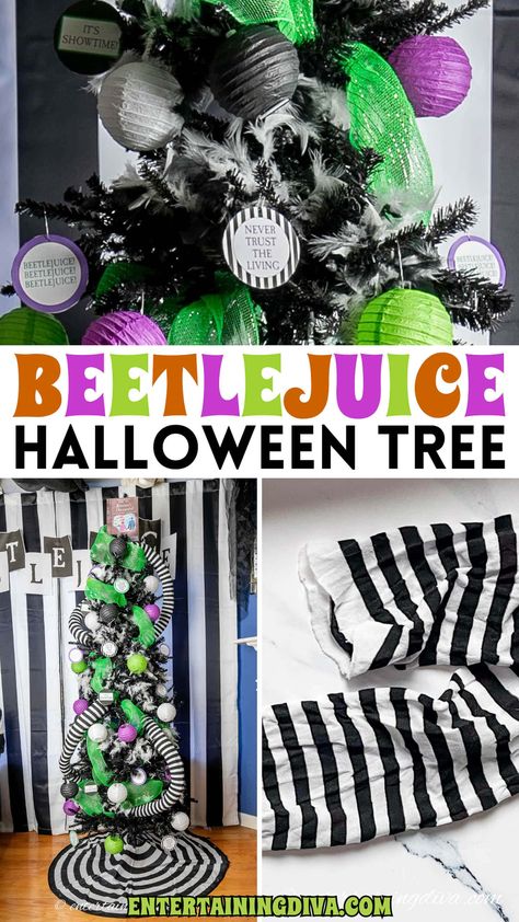 Embrace the whimsical spirit of Tim Burton's classic film with a Beetlejuice Halloween tree. It's the perfect focal point for your Halloween decor. Beetle Juice Tree, Beetlejuice Treat Ideas, Beetle Juice Christmas Tree, Beetlejuice Tree, Beetlejuice Halloween Decorations Diy, Beetlejuice Christmas Tree, Halloween Trees Ideas, Beetlejuice Decor, Easy Diy Ornaments