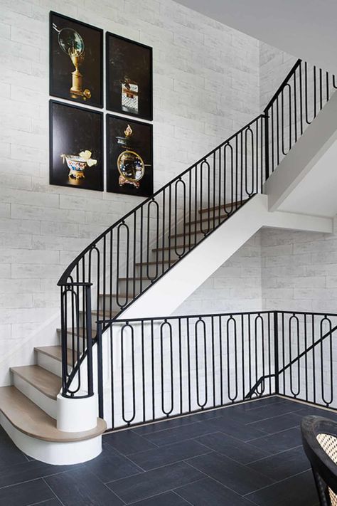 Home Banister Ideas, Black Metal Bannister, Brass Staircase, Staircase Banister Ideas, Banister Ideas, Banister Rails, Staircase Banister, Wythe Blue, Fixer Upper Farmhouse