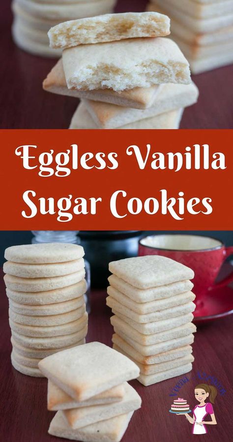 Eggless Sugar Cookie Recipe, Vanilla Sugar Cookie Recipe, Eggless Sugar Cookies, Egg Free Desserts, Eggless Cookie Recipes, Egg Free Baking, Egg Free Cookies, Eggless Cookies, Vanilla Sugar Cookies