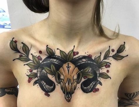 Chest Tattoo Girl, Chest Tattoo Female Upper, Traditional Chest Tattoo, Widder Tattoo, Full Chest Tattoos, Chest Tattoo Female, Circle Tattoos, Tattoo Female, Tattoo Magazine