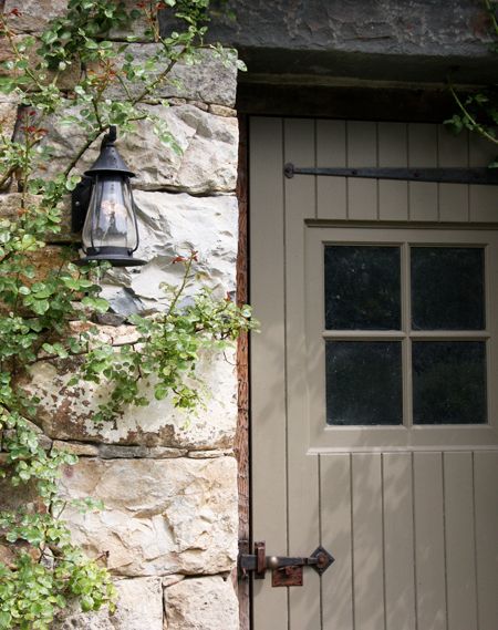 Plank Door, Front Door Hardware, Front Door Styles, Stone Building, Door Colors, Farmhouse Front Door, Farmhouse Landscaping, Farmhouse Front, Front Door Colors