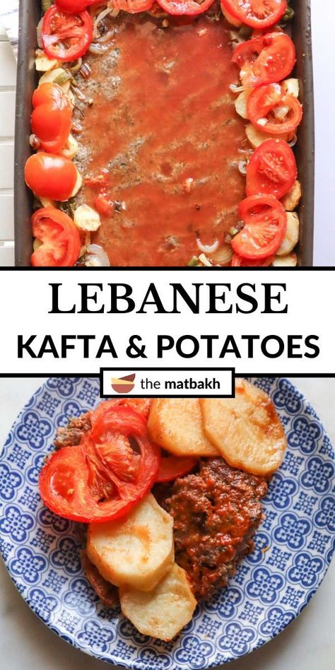 Kafta bil sanieh is oven-baked kafta with potatoes, tomatoes, and vegetables in a rich and flavorful tomato sauce. Kafta Bil Sanieh, Kofta Recipe Vegetarian, Lebanese Kafta, Kefta Recipe, Potato Tomato Recipe, Chaldean Recipe, Tomato Paste Recipe, Ramadan Recipe, Ramadan Food