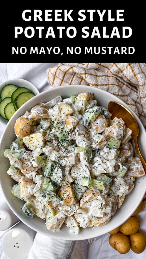 This recipe for Mediterranean potato salad is made with no mayo and no mustard. Golden potatoes get tossed in a creamy greek yogurt tzatziki sauce that's perfect for sharing! #potatosalad #healthy #greekyogurt #tzatziki Potato Salad Mediterranean, Healthy Potato Salad Greek Yogurt, Taziki Potatoes, Greek Style Potato Salad, Greek Potatoes Salad, Greek Yogurt Potato Salad, Potato Salad Greek Yogurt, Mediterranean Potato Salad, Mediterranean Potato Recipes