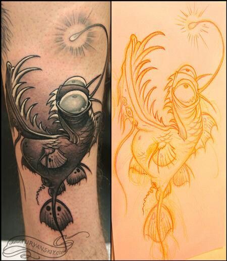 Lantern fish tattoo Space Fish Tattoo, Anglerfish Tattoo, Angler Fish Drawing, Krampus Tattoo, Angler Fish Tattoo, Underwater Tattoo, Tiki Tattoo, Japan Tattoo Design, Fish Tattoo