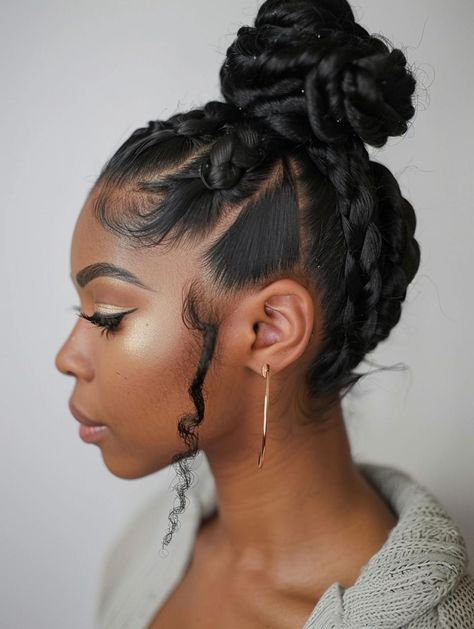 Elegant Braided Bun Hairstyles for Every Occasion Halo Hairstyles For Black Women, Cute Buns Black Women, Mid Bun Hairstyles For Black Women, Bun With Braids Hairstyles, Low Bun With Curls, Braided Top Bun, Braided Bun For Black Women, Black Hair Bun Styles, Creative Updos