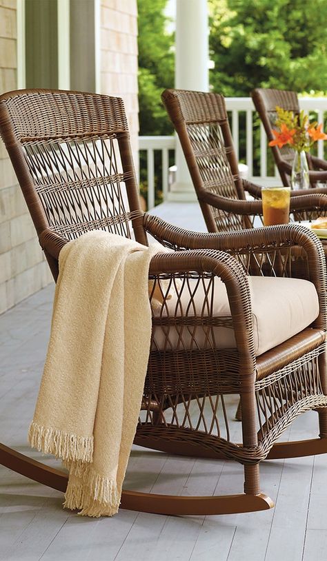 A Beautiful First Impression - How to Boost Your Curb Appeal | Frontgate Blog Outdoor Rocking Chair Cushions, Wicker Rocker, Rocking Chair Porch, Porch Sitting, Fresh Farmhouse, Rocking Chair Cushions, Smart Tiles, Primitive Homes, Farmhouse House