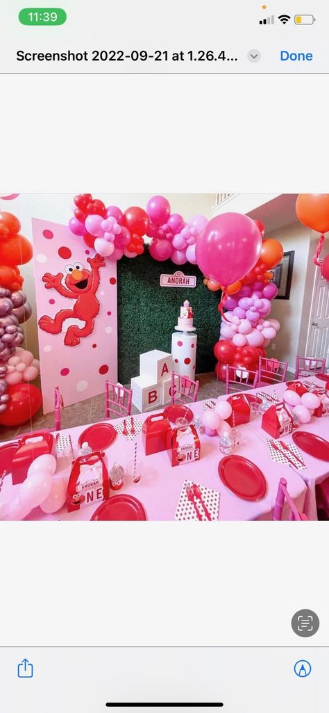 Pink And Red Elmo Party, Elmo And Abby Birthday Party Girl, Girly Elmo Birthday Party Decoration, Sesame Street Birthday Party Ideas 1st Girl, Elmo Abby Birthday Party Girly, Pink Sesame Street Birthday, Elmo Second Birthday Girl, Elmo Birthday Party Girl 2nd, Elmos World Birthday Party Girl