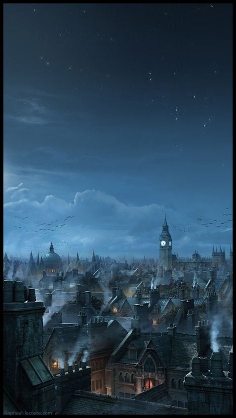 London Digital Art, Fantasy Rooftop, Victorian London Aesthetic, Fantasy London, Rooftop London, Medieval London, Water Nation, Victorian Era Aesthetic, London Rooftop