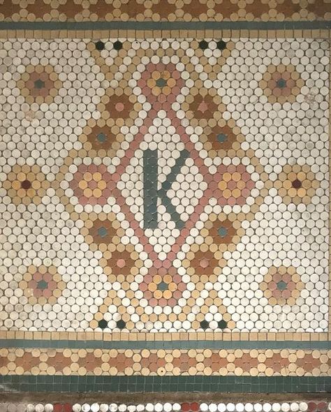 Historic Körner's Folly on Instagram: "Penny for your thoughts? Penny Tiles (also called Penny Rounds) have been around since the late 1800s, but have origins as far back as mosaic floors found beneath the ashes of Pompeii. Thanks to the industrial revolution and the 1876 World's Fair, the penny tile gained popularity in America during the Victorian Era. Pre-mounted sheets of 1" ceramic mosaic tiles (in a range of geometric shapes like honeycomb, pennyround, and square) made intricate designs l Tiles Wall Design, Penny Tiles, Penny Mosaic, Mosaic Floors, Penny For Your Thoughts, The Industrial Revolution, Penny Tile, Penny Round, Ceramic Mosaic