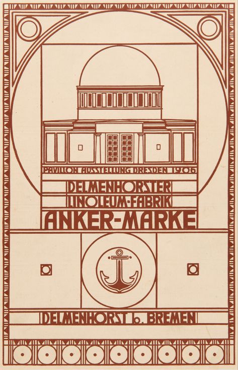 Peter Behrens, poster for the Anchor Linoleum exhibition pavilion, 1906. Lauweriks’s grid theory is applied to graphic design. Art Nouveau Typography, Bauhaus Graphic Design, Vienna Secession, Graduation Project, The Anchor, Badge Logo, German Design, Play House, Linoleum