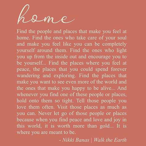 Nikki Banas | Walk the Earth on Instagram: “Who are you with when you feel at home? Make sure they know💛 Where are you when you feel at home? Go there as much as you can.💛🌻 . . You…” Niki Banas Quotes, Walk The Earth Quotes, Niki Banas, Countdown Quotes, Focusing On Yourself Quotes, Dear Diary Quotes, Earth Quotes, Soul Love Quotes, Self Healing Quotes