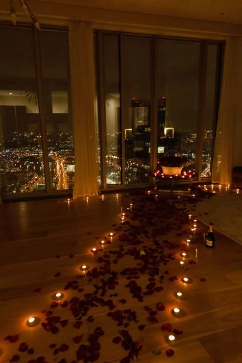 Hotel With Rose Petals, Roses In Hotel Room, Candle Lit Room Romantic, Couples In Hotel Room, Romantic Hotel Aesthetic, Candle Lit Proposal Night, Dark Romantic Room, Candlelit Proposal, Candlelight Proposal