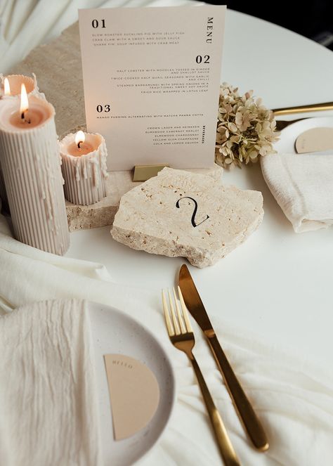 Natural Wedding Aesthetic, Travertine Table Numbers, Neutral Table Decor, Unique Table Numbers Wedding, Travertine Table, Table Labels, Diy Table Numbers, Product Styling, Loft Wedding