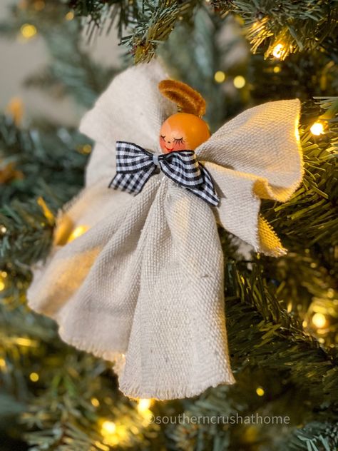 Get ready for cuteness overload with this DIY angel ornament made with inexpensive drop cloth material. You can make several and give them as gifts. #southerncrushathome #diydropclothornaments #angelornaments Memorial Angel Ornaments Diy, Christmas Diy Angles, Fabric Angels Pattern, Easy Diy Angel Ornaments, Tie Angel Ornament, Angel Decorations Diy, Diy Angel Christmas Ornaments, Yarn Angel Ornaments Diy, Angel Ornaments Diy Easy