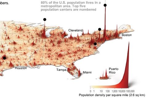 Time Magazine uses visual hills (spikes) to emphasize the density of American population in its map (http://www.time.com/time/covers/20061030/where_we_live/) 3d Data Visualization, Data Visualization Examples, What Is An Infographic, Population Density, Infographic Inspiration, Data Visualization Tools, Data Map, Information Visualization, Remote Sensing