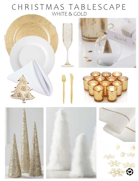 Christmas White And Gold Table Setting, Gold And White Christmas Dining Table, White And Gold Christmas Decor Table, White And Gold Christmas Party Decor, Gold And White Christmas Table Setting, White And Gold Christmas Table Decor, White Christmas Dinner Table Decor, White Gold Christmas Table, Gold And White Christmas Table