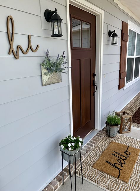 Small Front Porch Inspiration, Small Porch Set Up Ideas, Home Boards For Porch, Front Porch Ideas Trailer House, Houses With Small Front Porch, Small Outdoor Front Porch Ideas, Front Porch Small Decor, Small Stoop Decor Front Entry, Front Porch On Trailer House