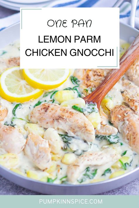 One Pan Creamy Chicken Gnocchi, Chicken Parm Gnocchi Bake, One Pan Chicken And Gnocchi, Lemon Parm Chicken, Creamy Lemon Chicken Gnocchi, Lemon Parm Chicken Gnocchi, One Pan Lemon Parm Chicken Gnocchi, Parm Chicken, Greek Night