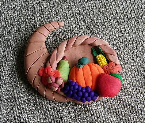 Thanksgiving Harvest Cornucopia Polymer Clay Magnet | by Jennie Ivins Polymer Clay Magnet, Craft Projects For Adults, Construction Paper Crafts, Thanksgiving Harvest, Halloween Clay, Thanksgiving Craft, Clay Magnets, Projects For Adults, Magnet Crafts