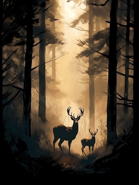 Forest And Animals Drawing, Wildlife Tattoos For Men, Stag In Forest, Animals Preschool Crafts, Stag Painting, Wallpaper Woodland, Deer In Forest, Animals Preschool, Deer Artwork