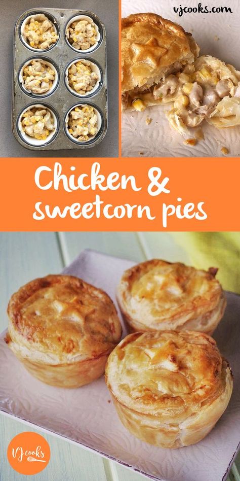 Chicken and sweetcorn pies, easy recipe from VJ cooks Pies Easy, Mini Pie Maker, Corn Pie, Vj Cooks, Mini Pie Recipes, Vol Au Vent, Muffin Tin Recipes, Pies Maker, Chicken Pie