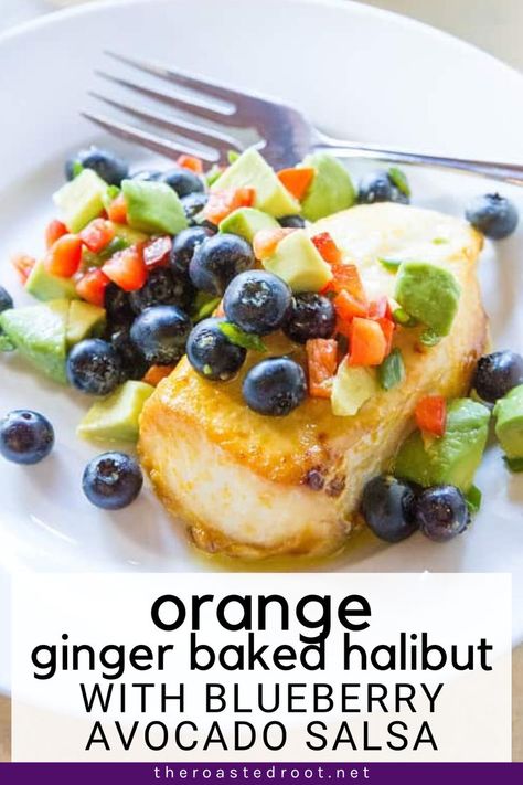 Orange Ginger Baked Halibut with Blueberry Avocado Salsa is a fresh, flavorful healthy dinner recipe! Serve it up with your favorite side dishes for an otherworldly meal. This vibrant dish is paleo, whole30, low-carb, and low-FODMAP. Baked Halibut, Flavorful Shrimp, Halibut Recipes, Meal Planning Menus, Healthy Dinner Recipe, Healthy Salmon Recipes, Healthiest Seafood, Shellfish Recipes, Avocado Salsa