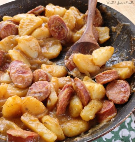 Smothered Sausage, Recipe With Smoked Sausage, Sausage And Onions, Smoked Sausage And Potato Recipe, Smothered Potatoes, Potatoes And Sausage, South Your Mouth, Smoked Sausage Recipes, Skillet Dinner Recipes