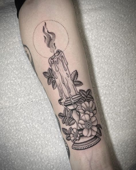 Candle Stick Tattoo Traditional, Burnt Out Candle Tattoo, Candle With Flowers Tattoo, Tattoo Window Display, Candle Burning At Both Ends Tattoo Traditional, Black And Grey Candle Tattoo, Dripping Candle Tattoo, Witch Candle Tattoo, Book And Candle Tattoo