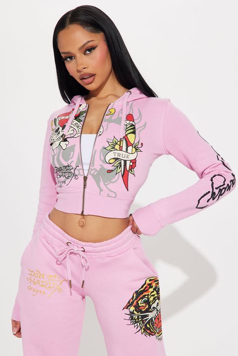 Available In Pink. Zip Front Hoodie Drawstrings Ed Hardy Graphic Front, Sleeve and Back Screen Stretch Pair To "Ed Hardy Tiger Roar Pant" Disclaimer: Due To The Specialized Screen Printing Process A Difference In Saturation May Occur. Each Garment Is Unique. 55% Cotton 45% Polyester Imported | Ed Hardy Tiger Roar Zip Up Hoodie in Pink size XL by Fashion Nova Early Y2k Fashion, Pink Ed Hardy Set, Tiger Clothes, Ed Hardy Outfit, Ed Hardy Tiger, Tiger Roar, Rave Bracelets, Love Kills, Luxe Clothing