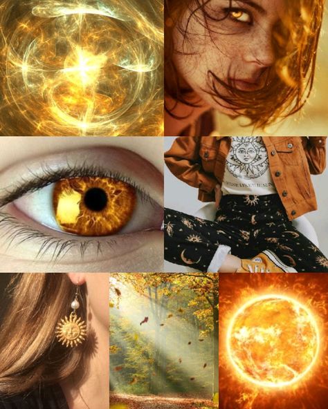 Ember Eyes Aesthetic, Sun Power Aesthetic, Sun Magic Art, Sun Based Character Design, Sun Magic Powers, Sun Magic Aesthetic, Yellow Magic Aesthetic, Gold Witch Aesthetic, Sun Powers Aesthetic