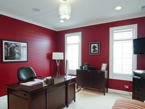 Electric red home office idea. Red Black And White Office Ideas, Red Office Decor Ideas, Black And White Office Ideas, Red Home Office, Burgundy Office, Living Room Workspace, White Office Decor, Burgundy Walls, Gold Office Decor