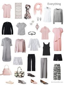 4 by 4 Wardrobe for warm weather in black, white, grey and pink Pink Capsule Wardrobe, Plus Size Minimalist Wardrobe, Fashion Capsule Wardrobe, Travel Capsule Wardrobe, Minimalist Capsule Wardrobe, Wardrobe Planning, The Vivienne, Clothes And Shoes, Summer Capsule Wardrobe