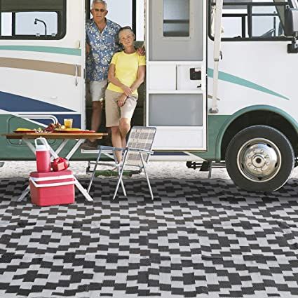 SAND MINE Reversible Mats, Plastic Straw Rug, Modern Area Rug, Large Floor Mat and Rug for Outdoors, RV, Patio, Backyard, Deck, Picnic, Beach, Trailer, Camping (9' x 18', Black Grey Lattice) Beach Trailer, Rv Patio, Straw Rug, Deck Makeover, Trailer Camping, Rv Road Trip, Picnic Beach, Patio Backyard, Backyard Deck