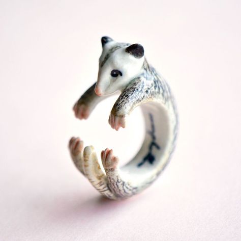 Funny Rings, Animal Wrap Rings, Porcelain Ring, Awesome Possum, Porcelain Animal, Nature Inspired Rings, Ceramic Ring, Animal Rings, Ring Hand